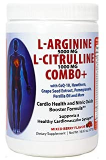 L-arginine 5000 mg and L-citrulline 1000 mg Combo, Nitric Oxide Supplement Complex, Cardio Heart Health Powder, Mixed Berry Flavor, 16.82 Oz..