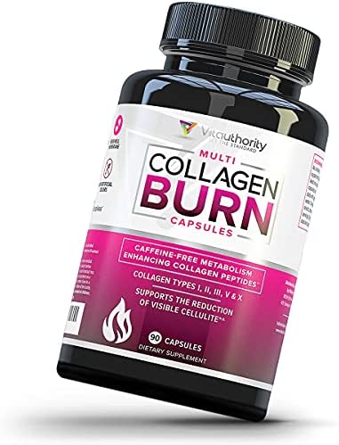 Multi Collagen Burn: Multi-Type Hydrolyzed Collagen Protein Peptides with Hyaluronic Acid, Vitamin C, SOD B Dimpless, Types I, II, III, V and X Collagen, Caffeine-Free, 90 Capsules