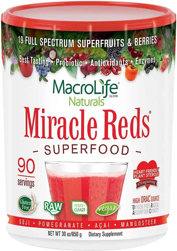 MacroLife Naturals Miracle Reds Superfood Supplements Powder Fruits & Berries, Antioxidants, Polyphenols, Enzymes, Probiotics - Raw, Non-GMO, Organic, Vegan, Gluten & Dairy Free - 30oz (90 Servings)