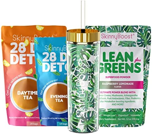 Skinny Boost Tea Kit-1 Daytime Tea (28 Bags) 1 Evening Detox Tea (14 Bags), Lean Greens Plus Superfood Powder, Palm Tumbler, Non GMO, Vegan, All Natural Detox and Cleanse