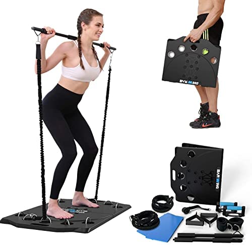 BARWING Home Gym Workout Equipment with 11 Exercise Accessories Pilates Ab Roller Wheel, 90 lbs Resistance Bands, Fitness Stand