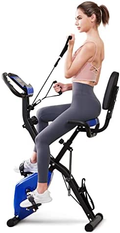 Exercise Bike Foldable Stationary Bikes for Home, WHTOR Indoor Cycling Bike 3 in 1 Fitness Bike with Pulse Sensor and 16 Level Adjustable Magnetic Upright Workout Bike with Arm and Leg Resistance Band