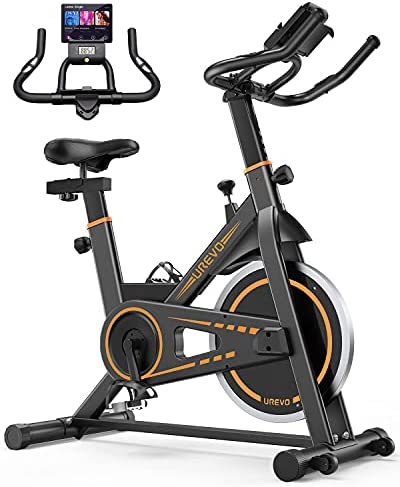 Exercise Bike for Home, UREVO Stationary Bike with Floor Mat and 4 Resistance Bands, Exercise Bikes with Comfortable Seat Cushion & Heart Rate Monitor, Spin Bikes with Ipad Holder & Bottle Holder