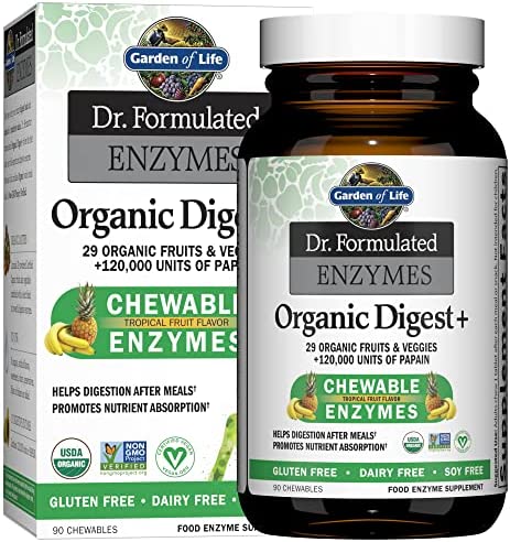 Garden of Life Dr Formulated Digestive Enzymes with Papain, Bromelain, Lipase for Digestion & Nutrient Absorption – Organic Digest+ - Vegan, Gluten-Free, Non-GMO, Tropical Fruit Flavor, 90 Chewables