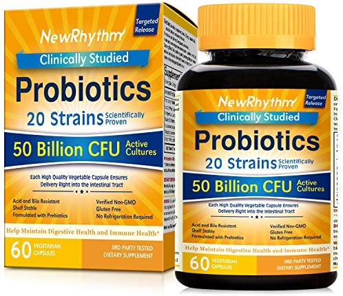 NewRhythm Probiotics 50 Billion CFU 20 Strains, 60 Veggie Capsules, Targeted Release Technology, Stomach Acid Resistant, No Need for Refrigeration, Non-GMO, Gluten Free