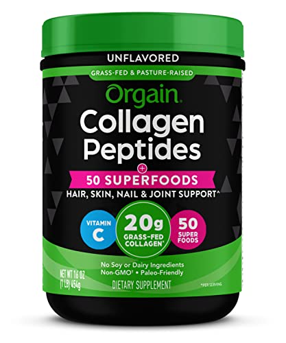 Orgain Hydrolyzed Collagen Peptides Powder + Superfoods, 20g Grass Fed Collagen - Hair, Skin, Nail, & Joint Support Supplement, Paleo & Keto, Non-GMO, Type I and III, 1lb (Packaging May Vary)