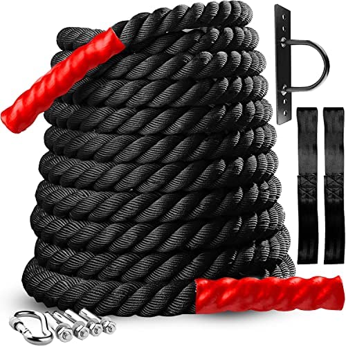 Premium 30 Ft Battle Rope for Home Gym – Anchor Strap Kit – 1.5 Inch Thick – Heavy Fitness Rope Exercise Equipment for Outdoor Workouts – FREE Training eBook – Strength & Cardio Workout