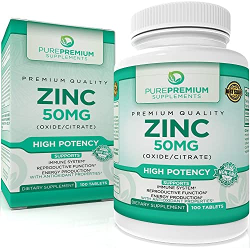 PurePremium Zinc Supplement, Antioxidant, Zinc Oxide/Citrate, Non-GMO, Zinc 50mg, Zinc Immune Support for Adults, Zinc Supplements for Men & Women 100 Tablets