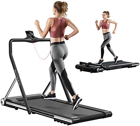 RHYTHM FUN Treadmill Folding Running Treadmill Under Desk Walking Pad Treadmill with Foldable Handtrail Wide Tread Belt Super Slim Mini Quiet Home Treadmill with Smart Remote Control and Workout App