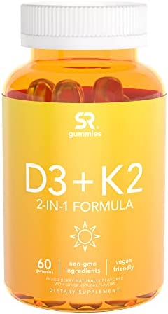 Sports Research Vegan Vitamin D3 + K2 Gummy Supplements - 5000iu Vitamin D with 100mcg Mk7 Vitamin K - Supports Calcium for Stronger Bones & Immune Health - 60 Gummies for Adults, 1 Month Supply