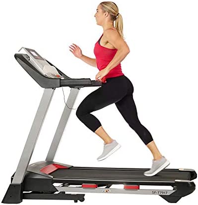 Sunny Health & Fitness Folding Treadmill for Home Exercise with 265 LB Capacity, Device Holder, Bluetooth Speakers and USB Charging - SF-T7917, Gray