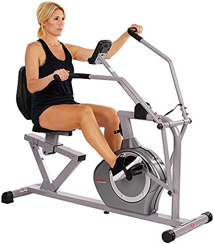 Sunny Health & Fitness Magnetic Recumbent Exercise Bike, 350lb High Weight Capacity, Cross Training, Arm Exercisers, Monitor, Pulse Rate Monitoring | SF-RB4708