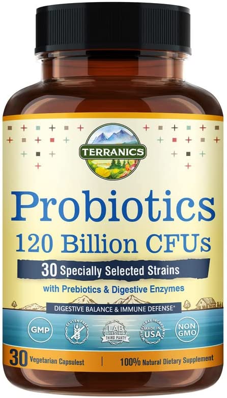 Terranics Probiotics 120 Billion with Prebiotics & Digestive Enzymes, 30 Tested Strains, Complete Digestion & Immune Support, Non-GMO, NO Soy, Dairy & Gluten, for Men and Women, 30 Veggie Capsules