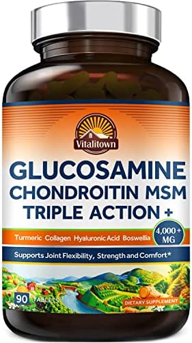 Vitalitown Glucosamine Chondroitin MSM, Triple Action+ Joint Formula| 12 Joint-Loving Ingredients, 4000+MG | Collagen, Boswellia, Turmeric, Hyaluronic Acid, Bromelain | Natural, No Gluten | 90 Tablets