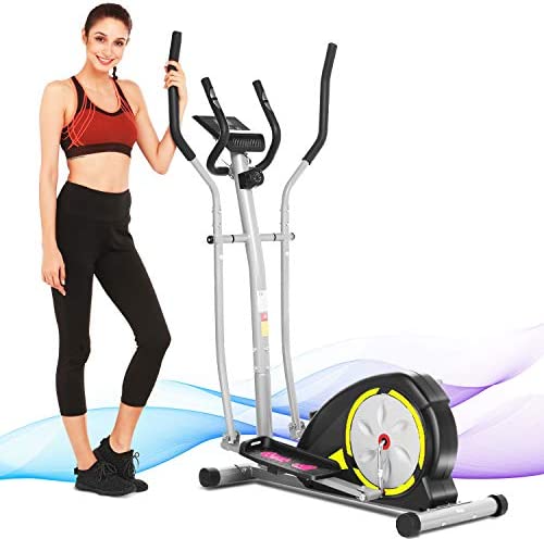 ANCHHER Elliptical Machine, Compact Elliptical Training Equipment with LCD Monitor, Elliptical Tranning- 8 Resistence Levels and Quiet Driven Portable Indoor Gym Machine (Yellow)