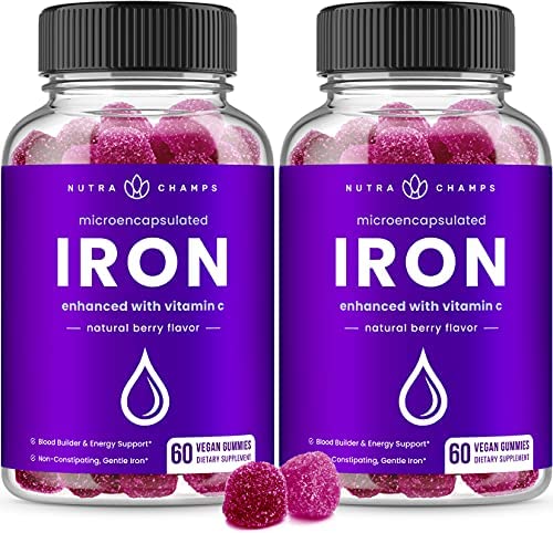 (2-Pack) Iron Gummies for Adults & Kids | 20mg Microencapsulated Iron Supplement Gummies with Vitamin C | Blood Builder & Energy Support for Iron Deficiency & Anemia | 120 Vegan Iron Vitamin Chewables