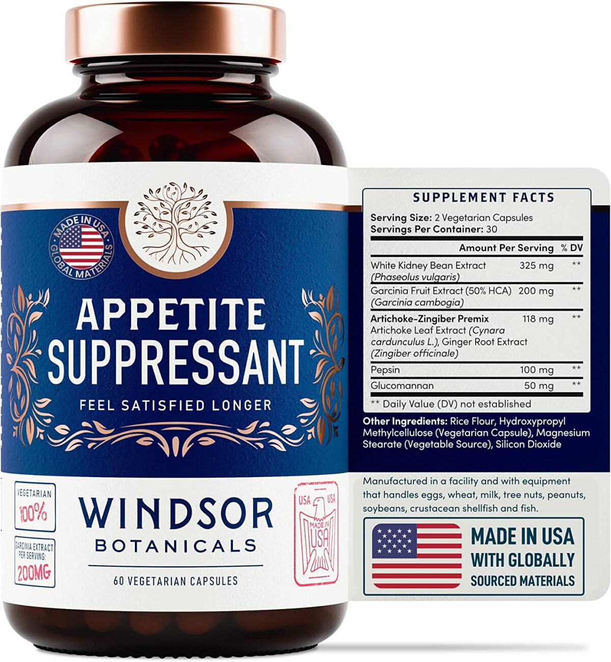 Appetite Suppressant for Weight Loss - Windsor Botanicals Appetite Control Supplement and Metabolism Booster for Weight Loss - Lose Weight Fast for Women and Men - 60 Veggie Carb Blocker Diet Pills