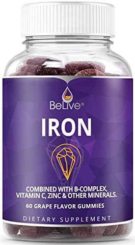 BeLive Iron Gummies with Vitamin C, A, B Complex, & Folate - Multivitamins for Adults & Children - Delicious with No After Taste, Vegan - Grape Flavor