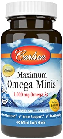 Carlson - Maximum Omega Minis, 1000 mg Omega-3s, Heart Function, Brain Support & Healthy Aging, Lemon, 60 Mini Softgels