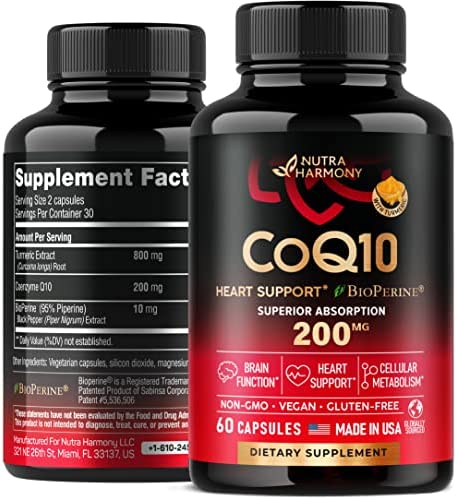 CoQ10 with BioPerine & Turmeric - Coenzyme Q10 Supplements - 200 MG, 60 Capsules - Made in USA Vitamins - Heart Health, Brain Support, Cellular Metabolism - Vegan, Non GMO, Gluten Free as Softgels