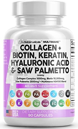 Collagen Complex 1000mg Biotin 10000mcg Saw Palmetto 2500mg Hyaluronic Acid Keratin Complex - Hair Skin and Nails Vitamins and DHT Blocker with Vitamin E Folic Acid Pumpkin Seed MSM USA - 90 Count