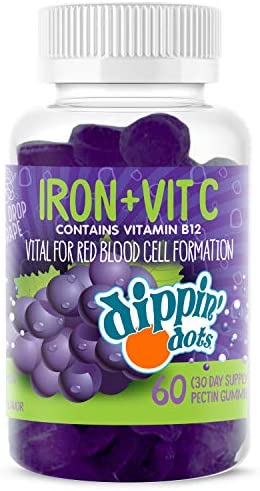 Dippin' Dots - Iron with Vitamin C & B12 Gummies (60 Count) Vital for Red Blood Cell Formation | Gum Drop Grape Real Pectin Fruit Chew Supplements | Vegan, Non-GMO, Gluten Free & Gelatin Free