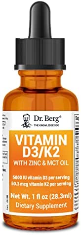 Dr. Berg's Liquid Vitamin D3 with K2, Zinc & MCT Oil - Vitamin D3 K2 Supplement Includes 5,000 IUs of Liquid D3, 50 mcg MK7 Vitamin K2 - Vitamin D3 K2 Drops for Adults - 1 Fl Oz