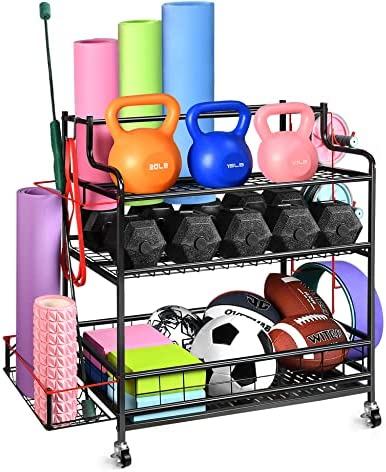 Dumbbell Rack Weight Stand SPIDERCAMP 4 Tier Yoga Mat Storage Rack Home Gym Storage Rack Upgraded Weight Rack for Dumbbells Workout Equipment Storage Organizer Garage Storage Rack With Lockable Wheels and Hooks