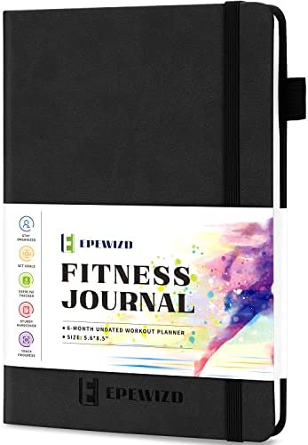 EPEWIZD Fitness Journal Hardcover Workout Planner 6- Month Undated Workout Log Book Home Gym Accessories for Women and Man Black