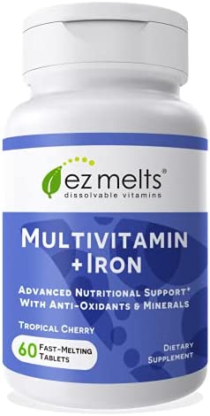 EZ Melts Multivitamin with Iron, Sublingual Vitamins, Vegan, Zero Sugar, Natural Cherry Flavor, 60 Fast Dissolve Tablets