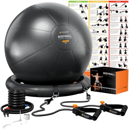 Exercise Ball Chair, Yoga Ball Chair with Resistance Bands, Pregnancy Ball with Stability Base & Poster. Balance Ball Chair Pilates Ball for Fitness, Home Gym, Physio, Birthing, Office & Working Out