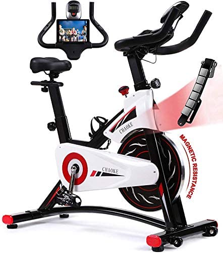 Exercise Bike Stationary, CHAOKE Indoor Cycling Bike with Heavy Flywheel, Comfortable Seat Cushion, Silent Belt Drive, iPad Holder and LCD Monitor for Home Gym Cardio Workout Training