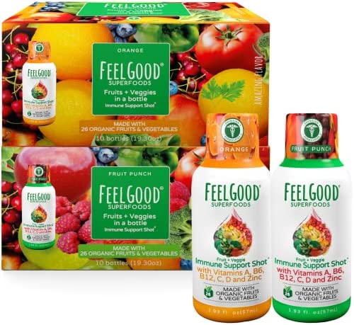 FeelGood Superfoods Immune Support Shot Supplements, 26 Organic Fruits and Veggies, Ready to Drink Immunity Booster, 10 Orange and 10 Fruit Punch Flavor, Combo Pack of 20