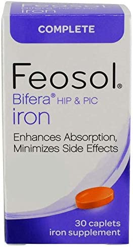 Feosol Complete Iron Supplement Tablets, Heme+Non-Heme, Extra Gentle on Stomach, 28 mg per Iron Pill, 1 Per Day, 30ct, For Energy and Immune System Support, Made in USA