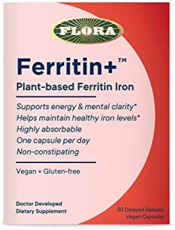 Flora - Ferritin+ Plant-Based Iron, Helps Maintain Healthy Iron Levels, Non-Constipating, Highly Absorbable, Supports Energy & Mental Clarity, Vegan Iron Supplement, 30 Delayed Release Vegan Capsules