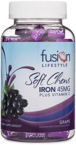 Fusion Lifestyle Iron Supplement for Women and Men, Grape Flavored Iron Soft Chew Plus Vitamin C for Iron Deficiency and Anemia, 2 Month Supply, 60 Count