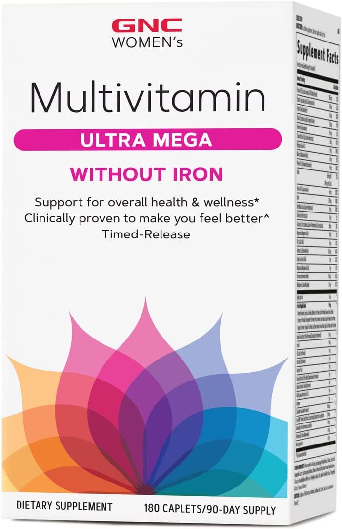 GNC Women's Multivitamin Ultra Mega Without Iron | Daily Vitamin Supplement | Supports Immune, Brain, Hair, Skin & Nails | Antioxidant Blend | 180 Caplets