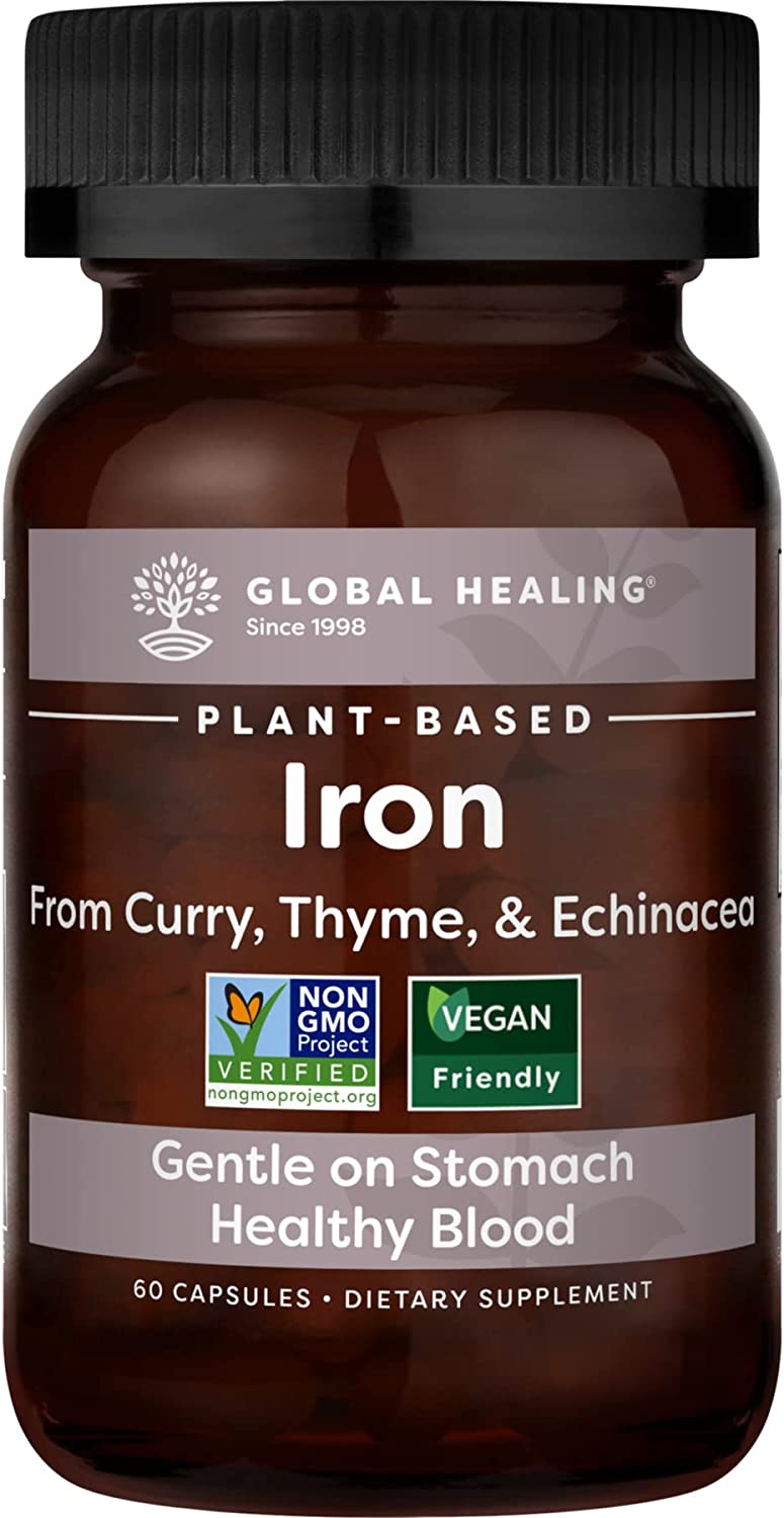 Global Healing Iron Supplement for Women and Men - Blood Builder Vitamin Capsules with Curry Plant Extract - Natural Energy to Combat Fatigue, Brain Health & Oxygen Level Support - 60 Pills