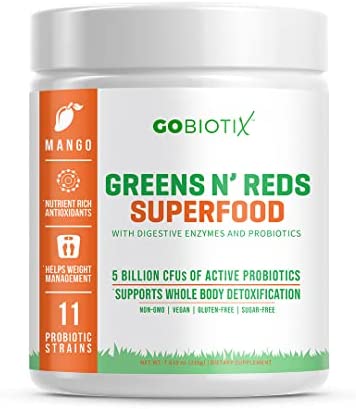 GoBiotix Super Greens Powder N' Super Reds Powder - Non-GMO Vegan Red and Green Superfood + Probiotics, Enzymes, Organic Whole Foods - Fruit and Veggie Supplement (Mango, 1 Pack)