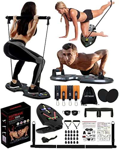 HOTWAVE Portable Home Gym Workout Equipment, Push Up Board Strength Training with 16 Gym Accessories, Foldable Pushup bar, Pilates Bar, core sliders and More for Full Body Workouts System.