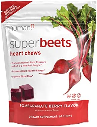 HumanN SuperBeets Heart Chews - Nitric Oxide Production for Daily Blood Pressure Support & Circulation - Grape Seed Extract & Non-GMO Beet Energy Chews - Pomegranate Berry Flavor, 60 Count