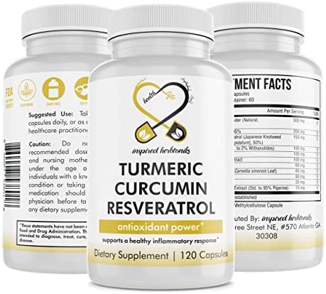 Inspired Herbtoniks Turmeric Curcumin Resveratrol Nutritional Supplement, Antioxidant Properties, Supports Good Inflammation and Immune System, 120 Vegan Capsules