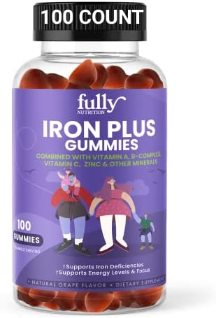 Iron Gummies Supplements for Adults (Women, Men) and Kids – Grape Flavor- Supports Anemia, Energy and Focus Levels – 100 Count