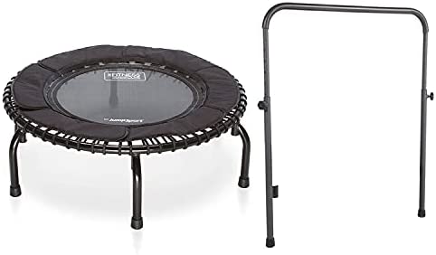 JumpSport 250 Indoor Home Cardio Fitness Rebounder Durable Bounce Exercise Mini Trampoline with Handle Bar Accessory, Premium Bungees and Workout DVD