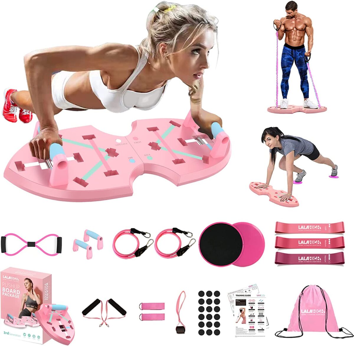 LALAHIGH Home Gym Equipment, Upgraded Push Up Board, 32 in 1 Home Workout Set with Foldable Push Up Bar, Resistance Bands, Core Sliders for Body Toning & Strength Training – Premium Pink Edition