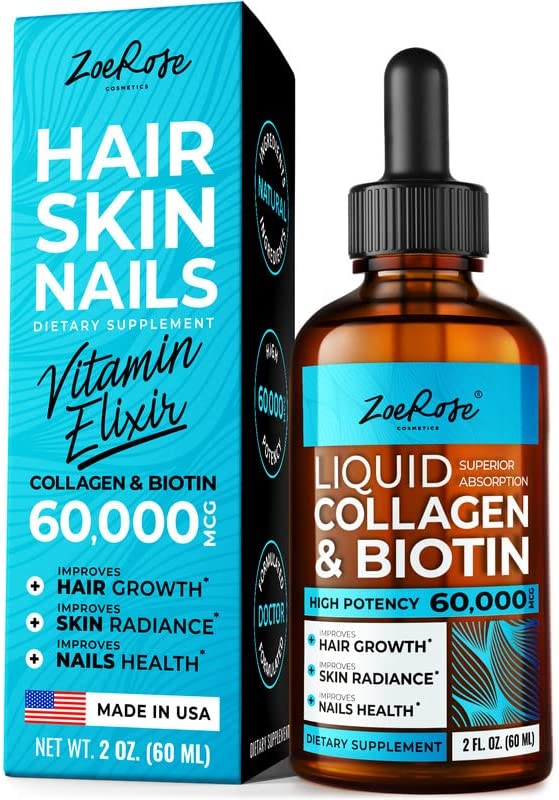 Liquid Collagen & Biotin Drops 60,000mcg - Made in USA - Natural Biotin and Collagen Supplements for Skin, Nails, Joints Health & Fast Hair Growth - Liquid Biotin 10,000mcg, Collagen Liquid 50,000mcg