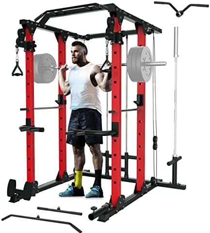 MAJOR LUTIE Power Cage,PLM03 1400 lbs Multi-Function Power Rack with Adjustable Cable Crossover System and More Training Attachment