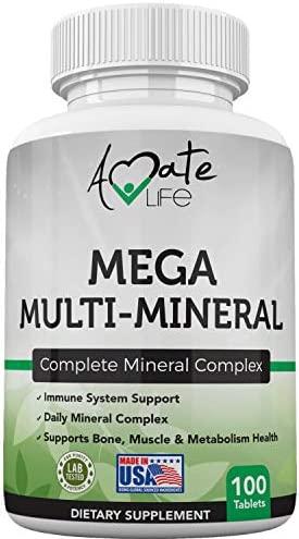 Multi Minerals Supplement Complete Mineral Complex with Vitamin D3, Calcium, Magnesium, Zinc & Iodine Bone, Muscle, Metabolism & Immune Support Mega Multi-Mineral Supplement 100 Tablets by Amate Life