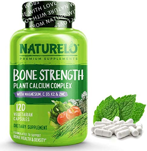 NATURELO Bone Strength - Plant-Based Calcium, Magnesium, Potassium, Vitamin D3, VIT C, K2 - GMO, Soy, Gluten Free Ingredients - Whole Food Supplement for Bone Health - 120 Vegan Friendly Capsules