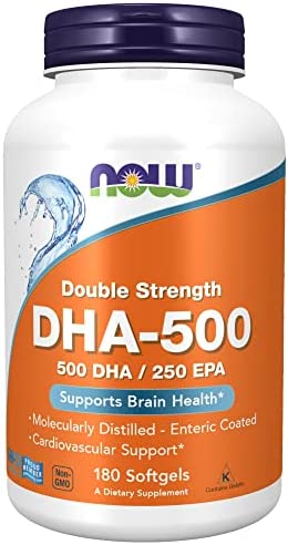 NOW Supplements, DHA-500 with 250 EPA, Molecularly Distilled, Supports Brain Health*, 180 Softgels